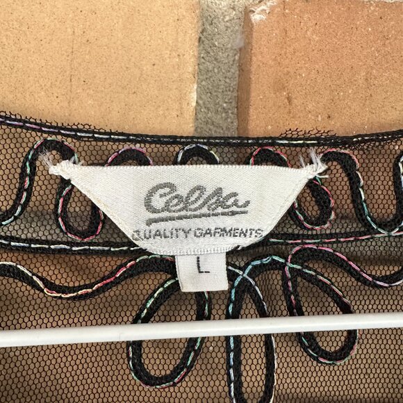 Celsa Sheer Mesh Duster Lightweight Embroidered Floral‎ Black Multicolor W L - Picture 7 of 10